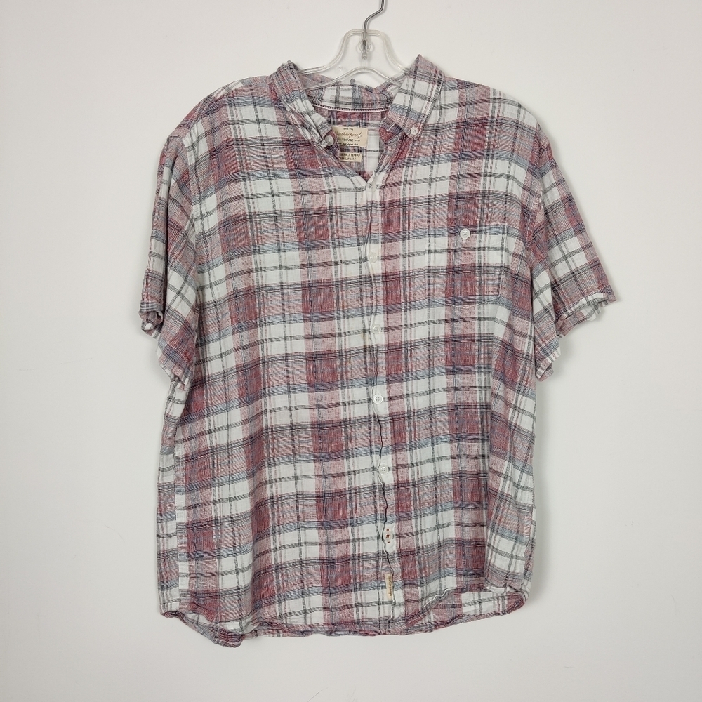 Weatherproof Men's Button Down Shirt in Red Size XL Washable Linen Plaid Boho